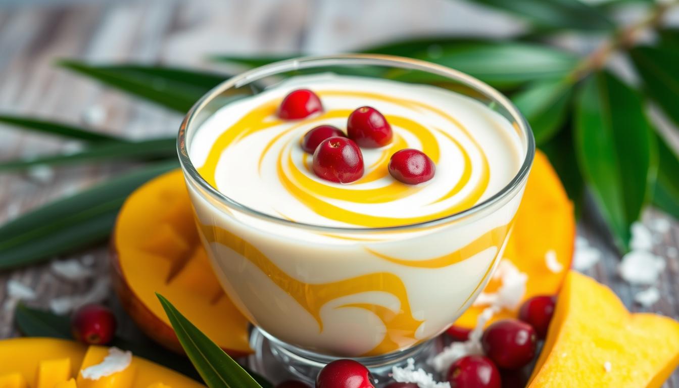 Exotischer Mango-Kokos-Quark mit Cranberry-Topping