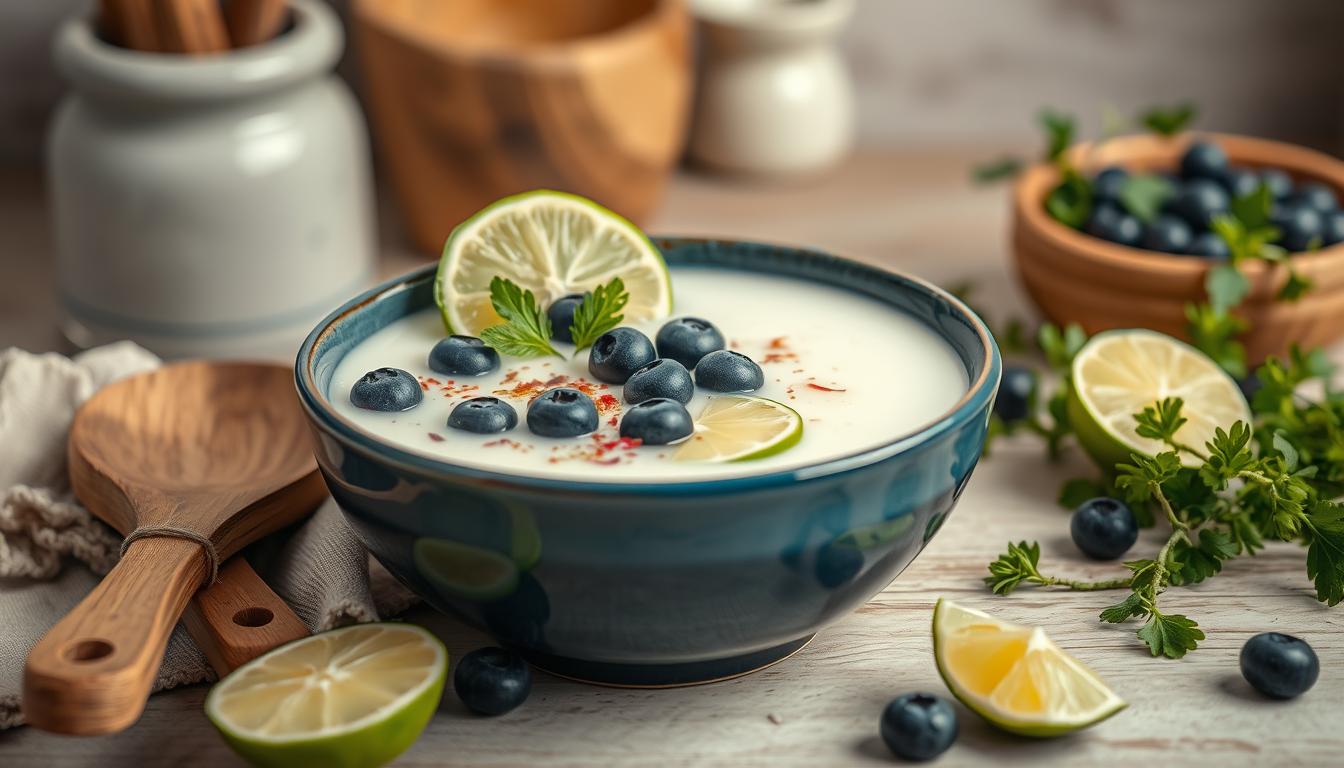 Geeiste Kefirsuppe mit Limette und Heidelbeeren