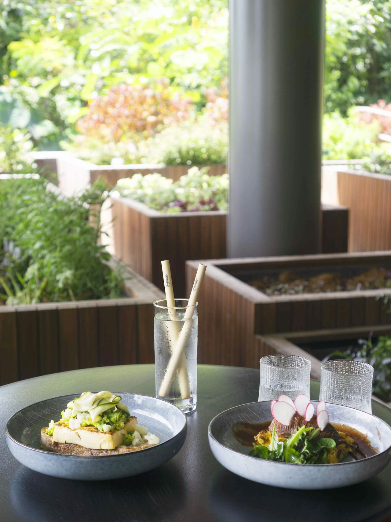 Ein stilvoll angerichtetes Mittagessen mit frischen Zutaten, serviert in einer modernen Umgebung mit Blick auf einen üppigen Garten – ideal für eine entspannte Mahlzeit.