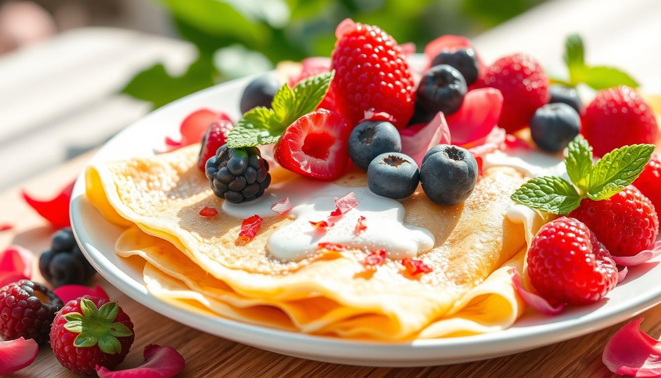 Vanille-Crêpes mit Beeren und kandierten Rosen