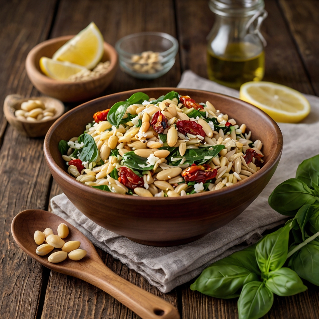 One-Pot-Orzo mit Weißen Bohnen, Spinat und Getrockneten Tomaten, Zitrone & Feta