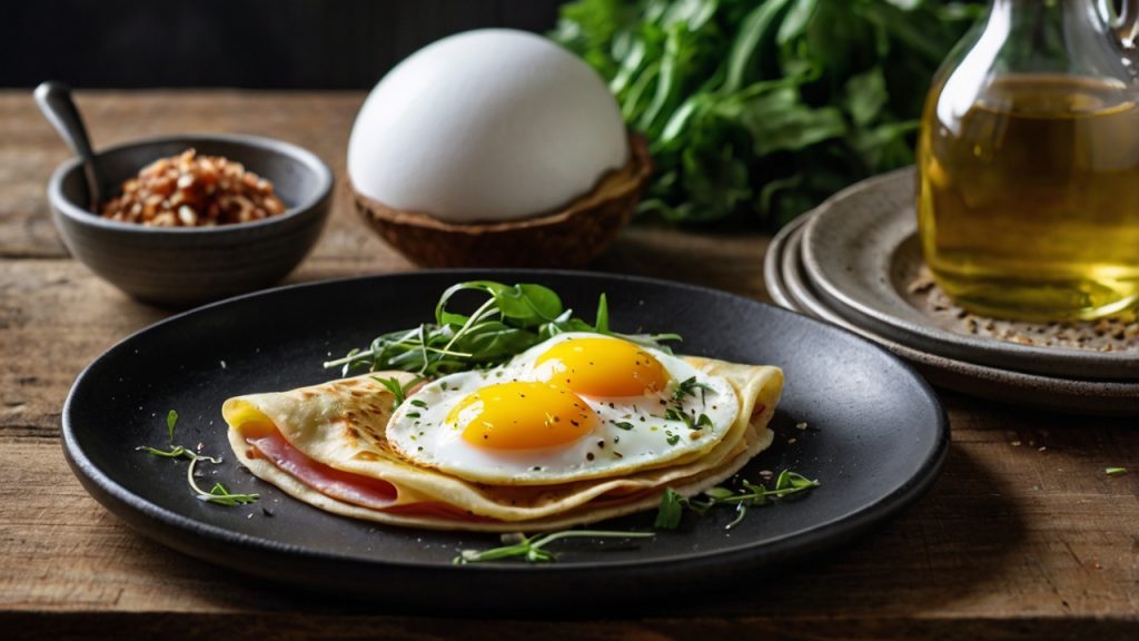 A beautifully presented savory crepe folded around a sunny-side-up egg, slices of ham, and fresh greens. The dish is garnished with delicate sprigs of dill, accompanied by a side of baby spinach for a fresh touch. The crepe is served on a rustic black plate placed on a white wooden table, alongside a small bowl of coarse sea salt and a jar of coconut oil, creating a cozy and inviting breakfast scene