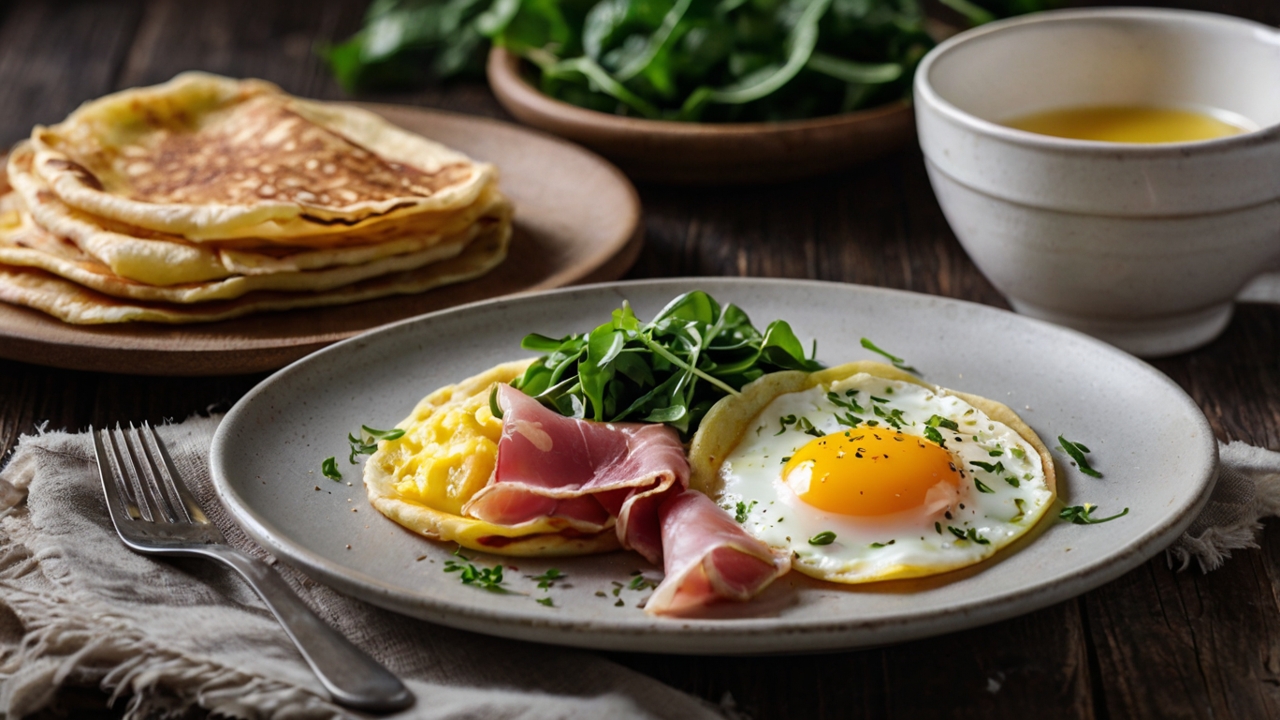 Herzhafte Crêpes mit Spiegelei und Hähnchenbrust