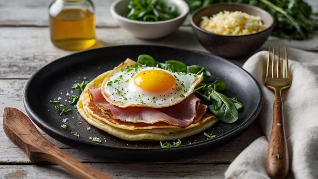 A beautifully presented savory crepe folded around a sunny-side-up egg, slices of ham, and fresh greens. The dish is garnished with delicate sprigs of dill, accompanied by a side of baby spinach for a fresh touch. The crepe is served on a rustic black plate placed on a white wooden table, alongside a small bowl of coarse sea salt and a jar of coconut oil, creating a cozy and inviting breakfast scene