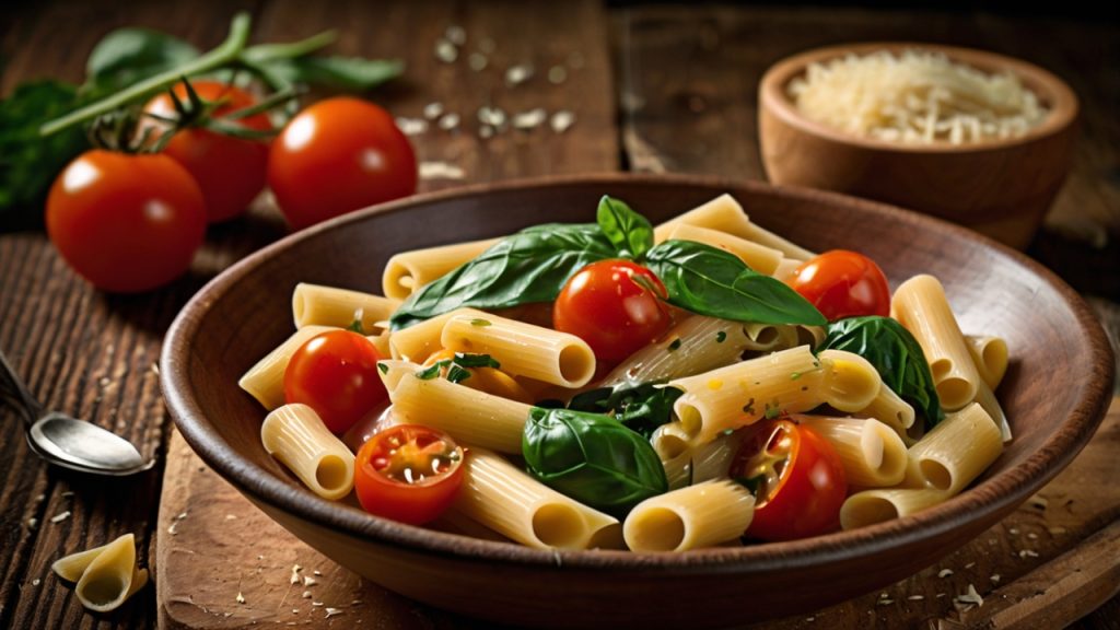 A creamy pasta dish served in a rustic brown bowl, featuring wide ribbons of pasta coated in a rich, velvety sauce. The dish is garnished with vibrant cherry tomatoes, fresh spinach leaves, and a hint of seasoning for added flavor. Placed on a wooden board, the presentation exudes warmth and comfort, perfect for a hearty meal