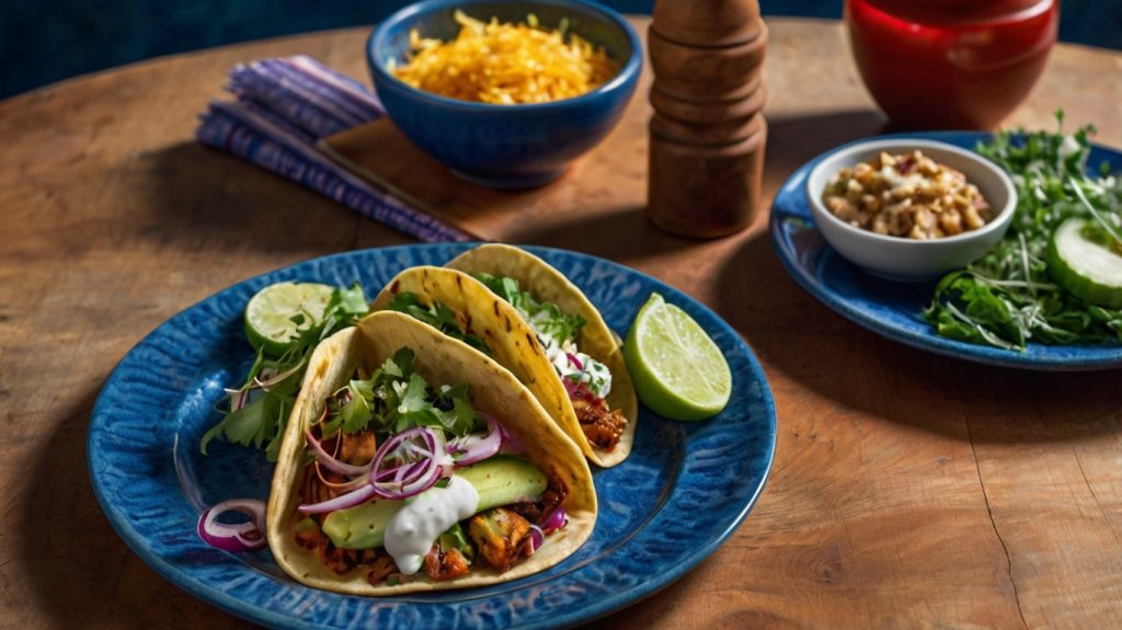 The image shows a plate with four soft tacos arranged neatly in a row. Each taco is filled with grilled halloumi slices, fresh cucumber chunks, leafy greens, and caramelized red onions. The tacos are served on a blue ceramic plate, creating a contrast with the vibrant colors of the ingredients. The wooden table beneath the plate and a red-striped napkin on the side add a rustic touch to the presentation. The dish looks fresh, colorful, and appetizing.