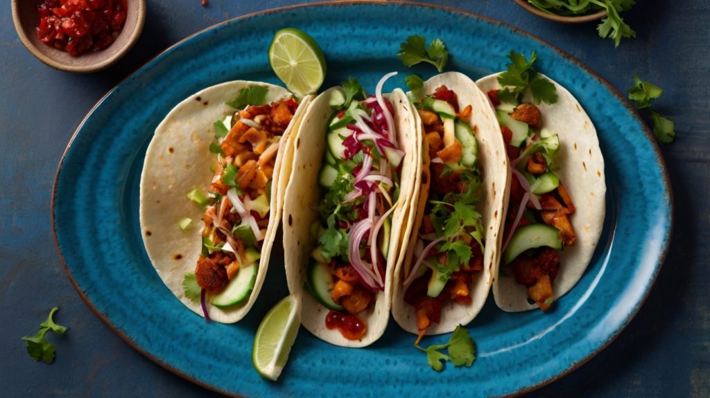 The image shows a plate with four soft tacos arranged neatly in a row. Each taco is filled with grilled halloumi slices, fresh cucumber chunks, leafy greens, and caramelized red onions. The tacos are served on a blue ceramic plate, creating a contrast with the vibrant colors of the ingredients. The wooden table beneath the plate and a red-striped napkin on the side add a rustic touch to the presentation. The dish looks fresh, colorful, and appetizing.