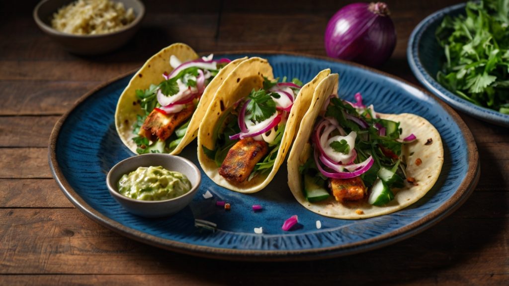 The image shows a plate with four soft tacos arranged neatly in a row. Each taco is filled with grilled halloumi slices, fresh cucumber chunks, leafy greens, and caramelized red onions. The tacos are served on a blue ceramic plate, creating a contrast with the vibrant colors of the ingredients. The wooden table beneath the plate and a red-striped napkin on the side add a rustic touch to the presentation. The dish looks fresh, colorful, and appetizing.