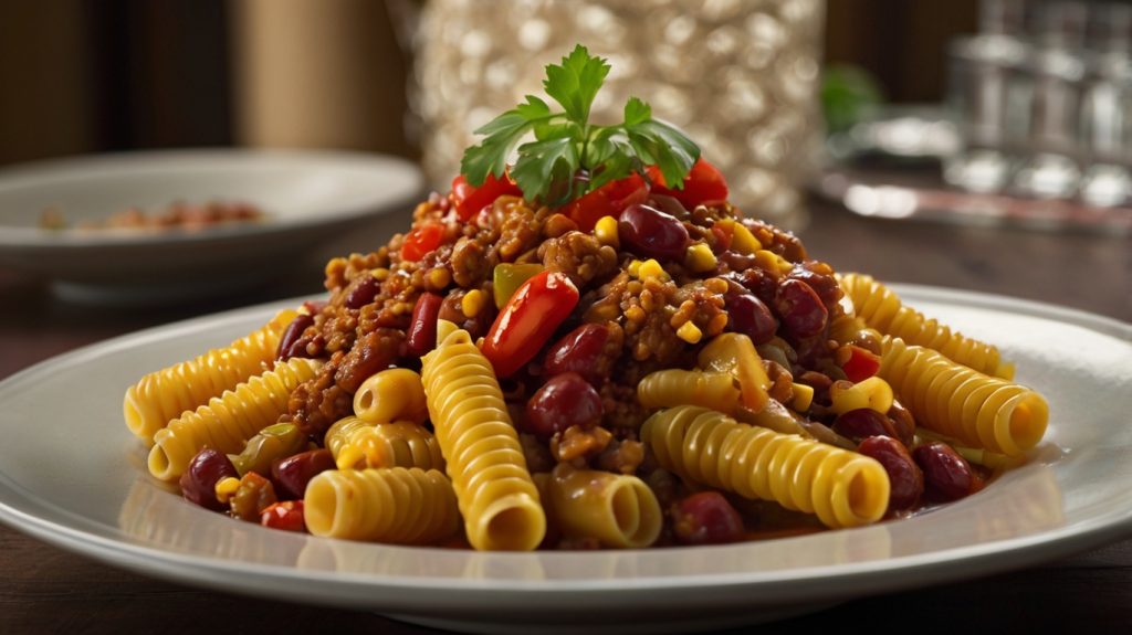 The image shows a close-up of a hearty pasta dish featuring macaroni-style noodles mixed with minced meat, kidney beans, sweet corn, and red bell peppers. The dish appears to be coated in a rich, tomato-based sauce, giving it a warm, flavorful appearance. It conveys a comforting, homemade feel, perfect for a cozy meal