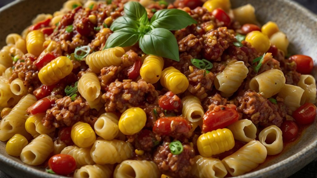 The image shows a close-up of a hearty pasta dish featuring macaroni-style noodles mixed with minced meat, kidney beans, sweet corn, and red bell peppers. The dish appears to be coated in a rich, tomato-based sauce, giving it a warm, flavorful appearance. It conveys a comforting, homemade feel, perfect for a cozy meal