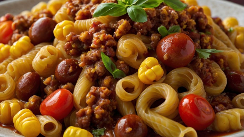 The image shows a close-up of a hearty pasta dish featuring macaroni-style noodles mixed with minced meat, kidney beans, sweet corn, and red bell peppers. The dish appears to be coated in a rich, tomato-based sauce, giving it a warm, flavorful appearance. It conveys a comforting, homemade feel, perfect for a cozy meal