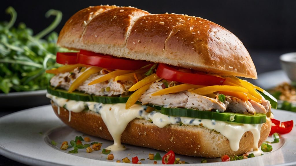 The image shows a delicious sandwich made with a sesame-seeded bun filled with vibrant and flavorful ingredients. The filling includes grilled chicken pieces, colorful diced vegetables such as red and yellow peppers, fresh herbs, and a generous amount of creamy white sauce. The sandwich is presented on a textured white plate, highlighting the rich textures and colors of the dish. The contrast between the golden bun and the fresh, colorful filling creates an appetizing and rustic appearance.