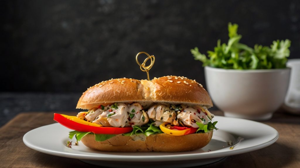 The image shows a delicious sandwich made with a sesame-seeded bun filled with vibrant and flavorful ingredients. The filling includes grilled chicken pieces, colorful diced vegetables such as red and yellow peppers, fresh herbs, and a generous amount of creamy white sauce. The sandwich is presented on a textured white plate, highlighting the rich textures and colors of the dish. The contrast between the golden bun and the fresh, colorful filling creates an appetizing and rustic appearance.