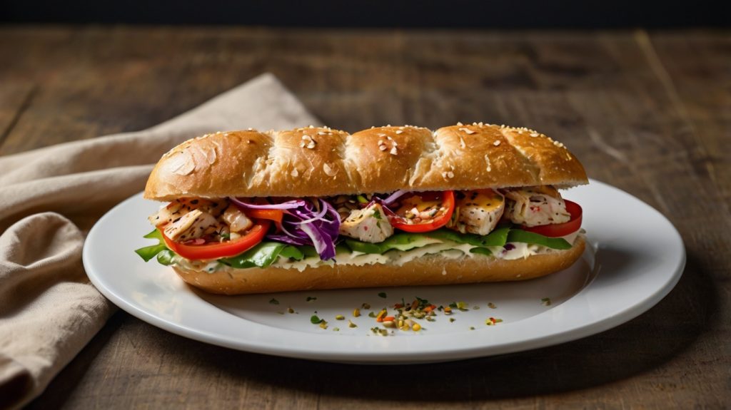 The image shows a delicious sandwich made with a sesame-seeded bun filled with vibrant and flavorful ingredients. The filling includes grilled chicken pieces, colorful diced vegetables such as red and yellow peppers, fresh herbs, and a generous amount of creamy white sauce. The sandwich is presented on a textured white plate, highlighting the rich textures and colors of the dish. The contrast between the golden bun and the fresh, colorful filling creates an appetizing and rustic appearance.