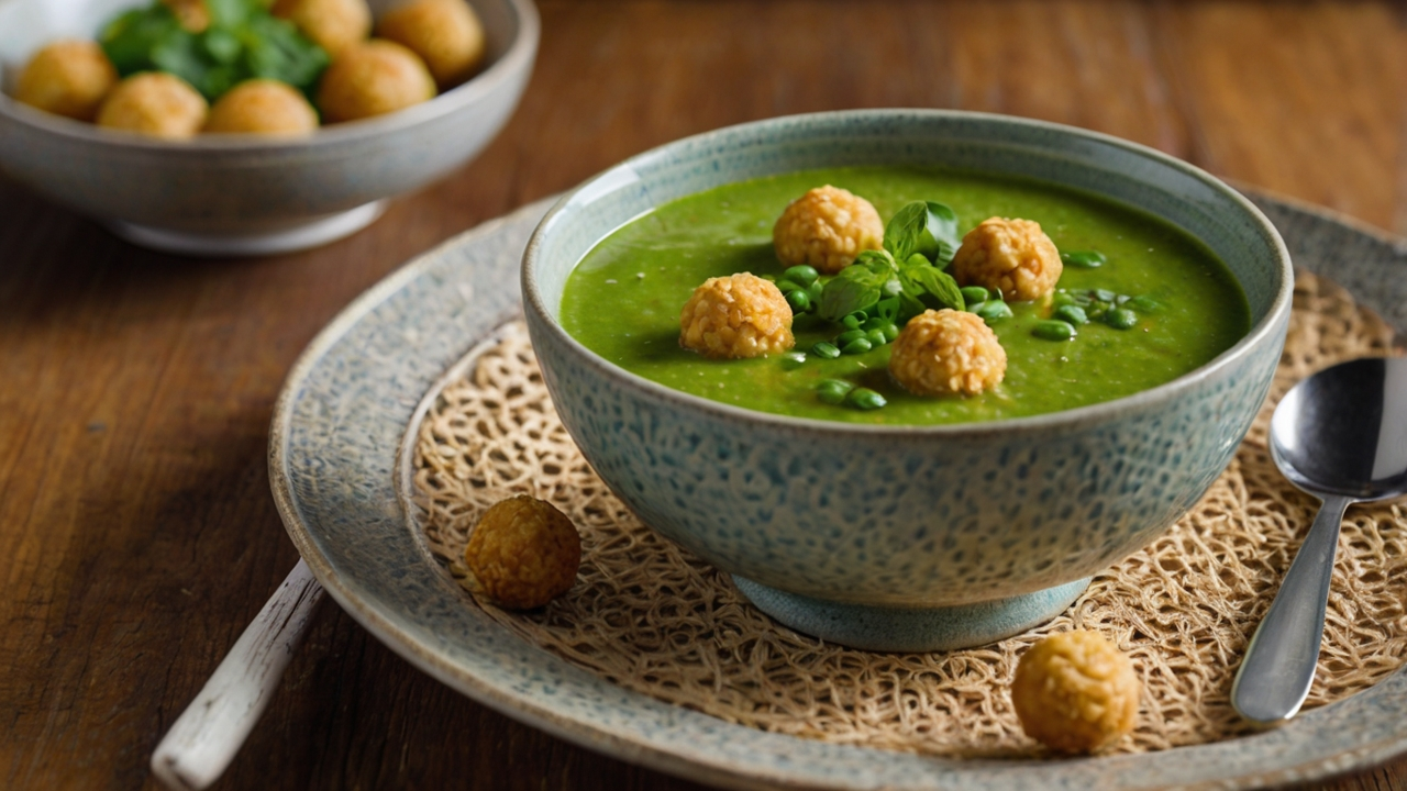 Erbsen-Minz-Suppe mit Reis-Sesam-Bällchen