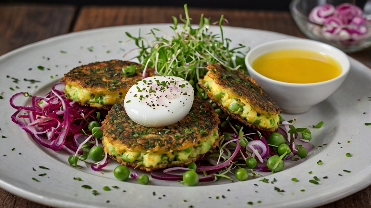 Erbsen-Kräuter-Puffer mit Ziegenkäse und Sesam-Topping