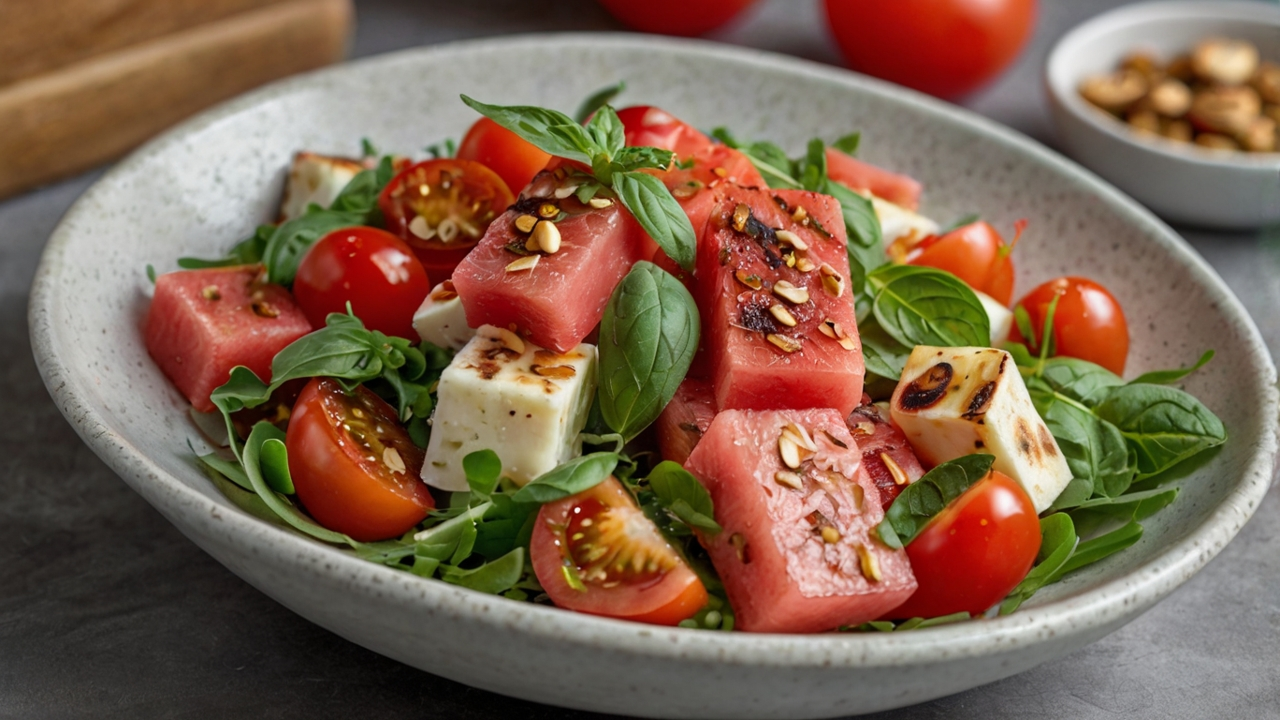 Fruchtiger Halloumi-Melonen-Salat mit Tomaten und Mandeln