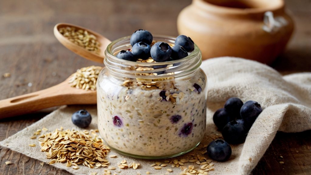 A creamy overnight oats dish served in a glass jar, topped with a generous layer of fresh blueberries and sprinkled with hemp seeds for added crunch. A wooden spoon adds a natural touch, enhancing the rustic and wholesome presentation. The jar sits on a light, textured surface, with a few scattered blueberries nearby, creating a simple yet inviting scene