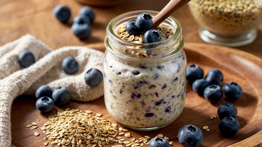 A creamy overnight oats dish served in a glass jar, topped with a generous layer of fresh blueberries and sprinkled with hemp seeds for added crunch. A wooden spoon adds a natural touch, enhancing the rustic and wholesome presentation. The jar sits on a light, textured surface, with a few scattered blueberries nearby, creating a simple yet inviting scene