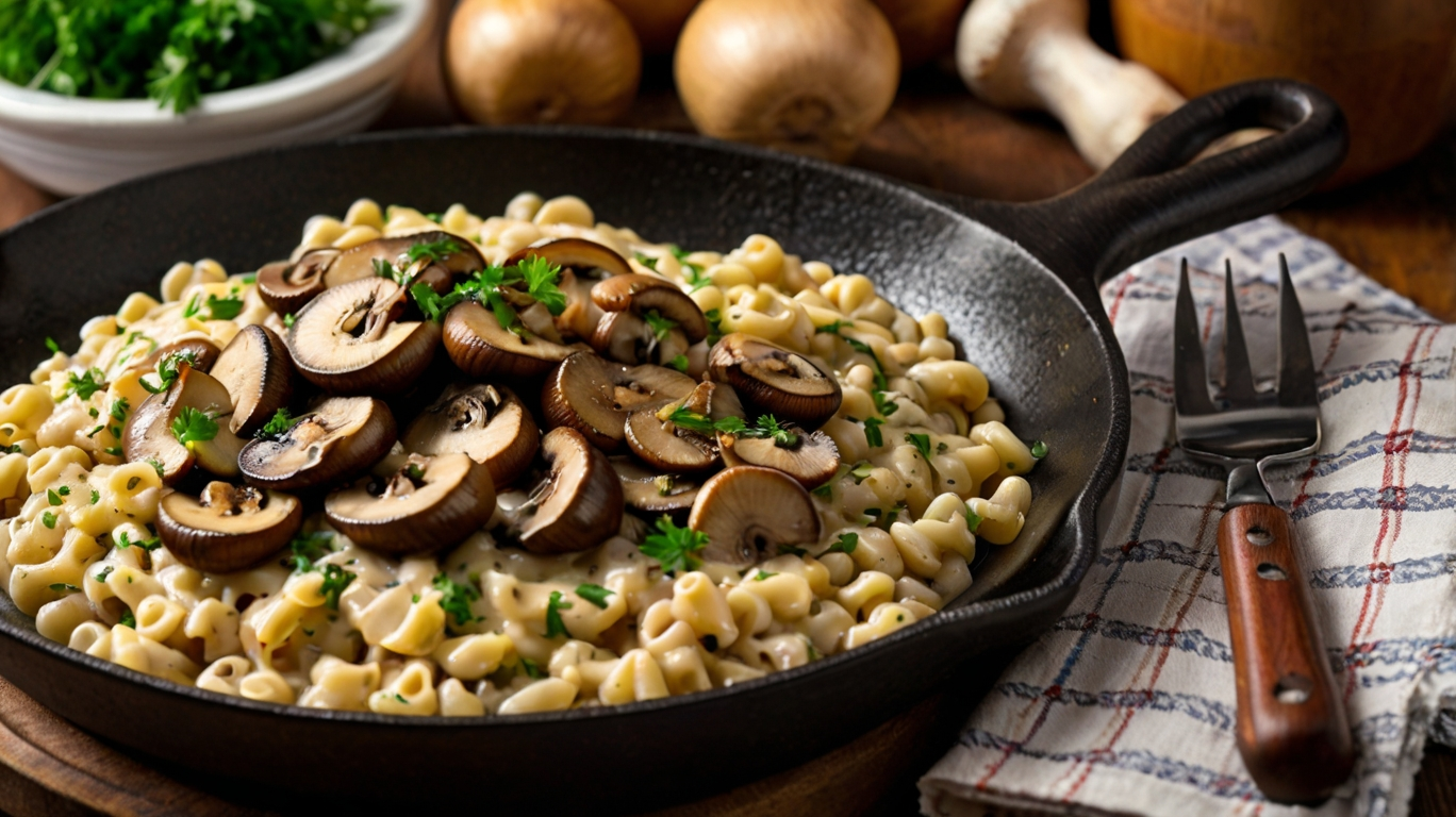 Cremige Spätzle-Pilz-Pfanne mit würzigem Bergkäse