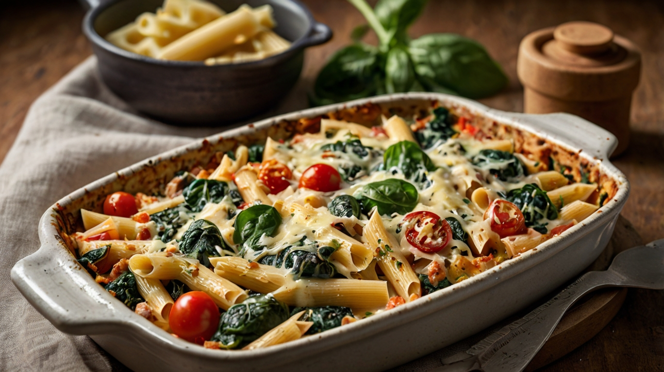 Cremiger Spinat-Nudel-Auflauf mit würziger Käsekruste!