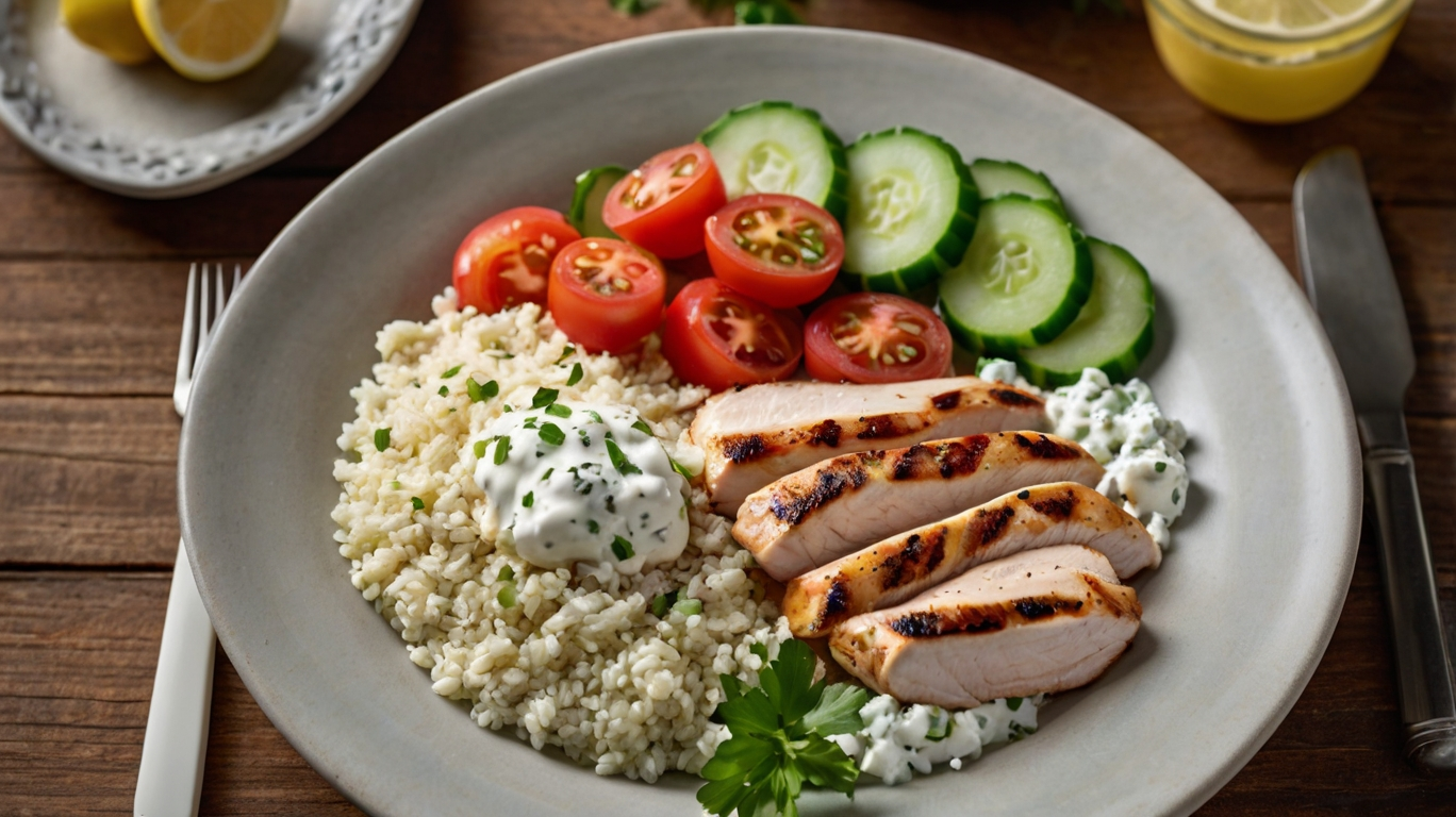 Griechisches Hähnchen mit Couscous, Gemüse & cremigem Zaziki