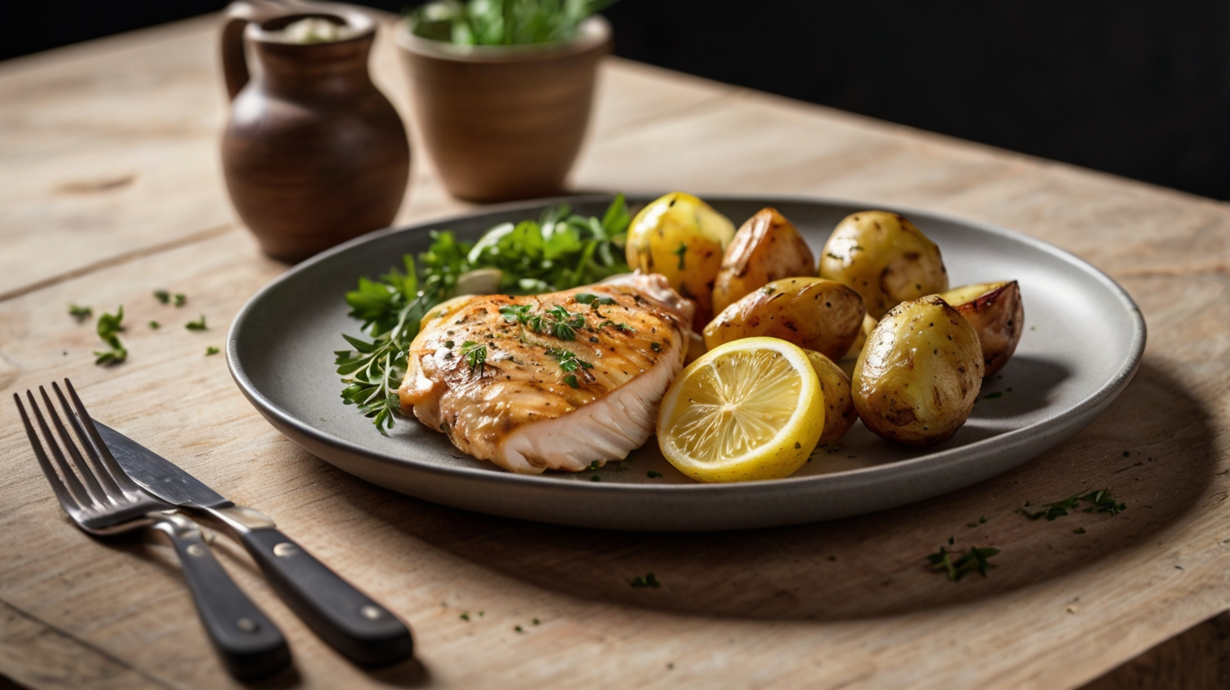 Saftige Zitronen-Hähnchenbrust mit Ofenkartoffeln & Basilikum-Dip