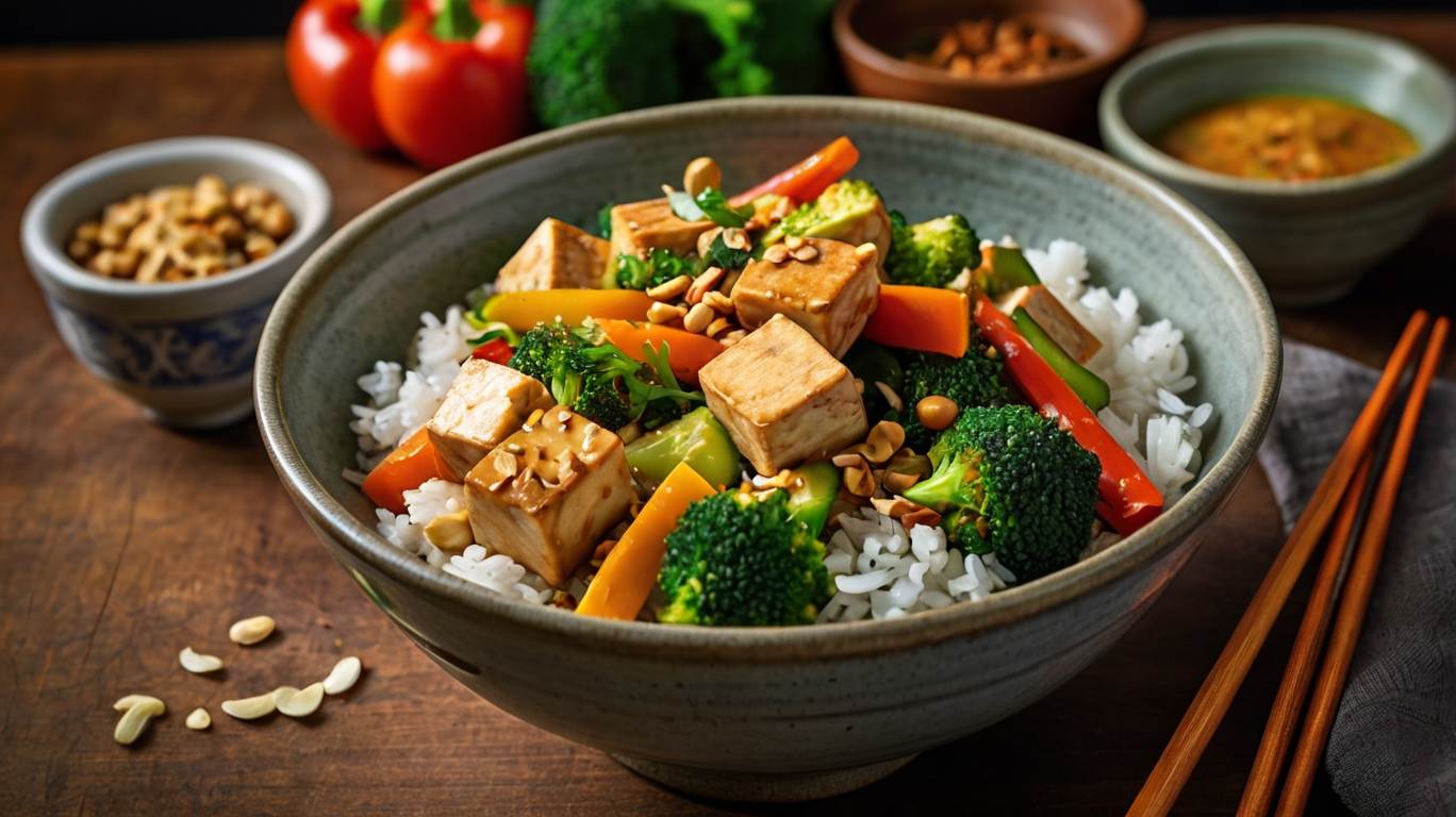 Knusprige Tofu-Gemüse-Pfanne mit Erdnüssen & Kokosmilch